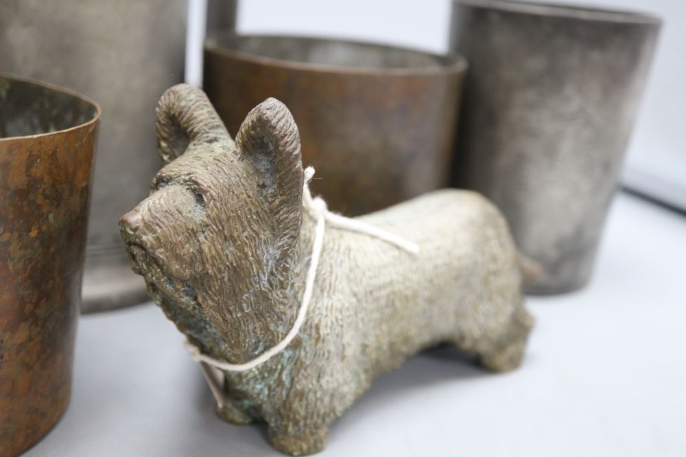 A bronze model of a Scottish terrier, a copper kettle and sundry pewter, etc